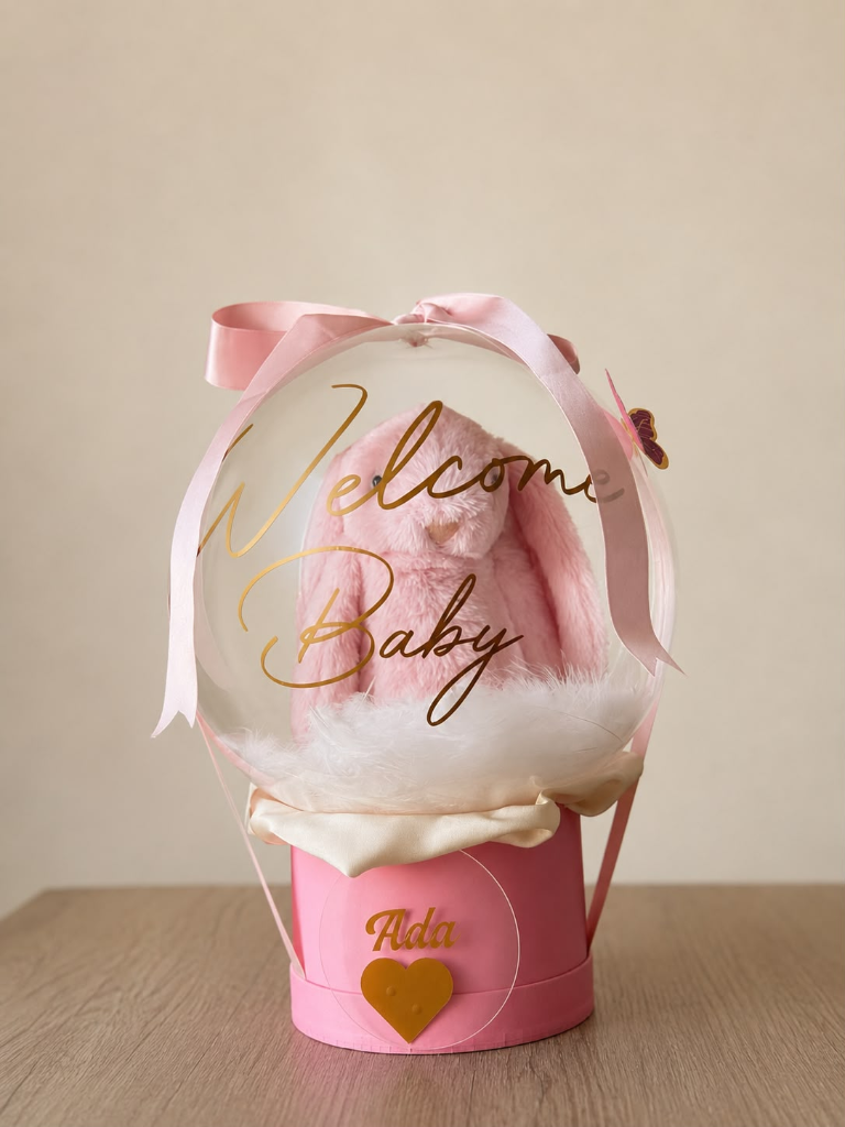 “Welcome Baby” Pembe Peluş Tavşanlı Şeffaf Balon Sepeti (Kız Bebek)
