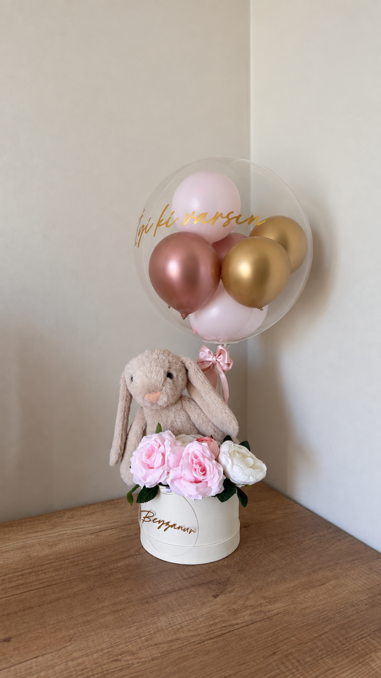 Peluş Tavşanlı Çiçek & Balon Aranjmanı 🎈🐰🌸